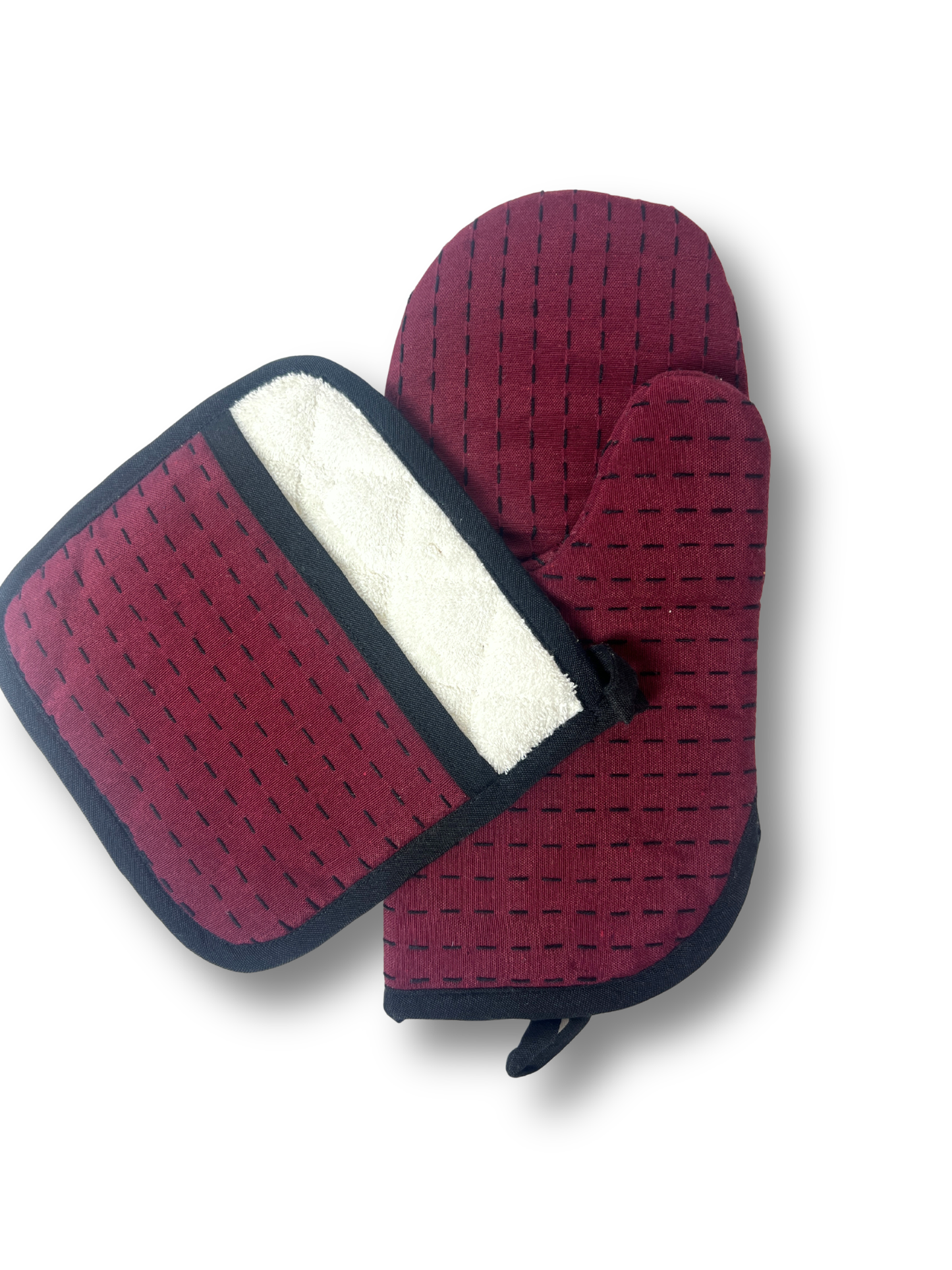 Ruby Sashiko Oven Mitt & Pot Holder Set