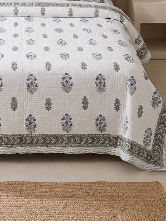 Indigo Bloom Reversible AC Quilt - Mulmul - Premium Home Decor by Moraari