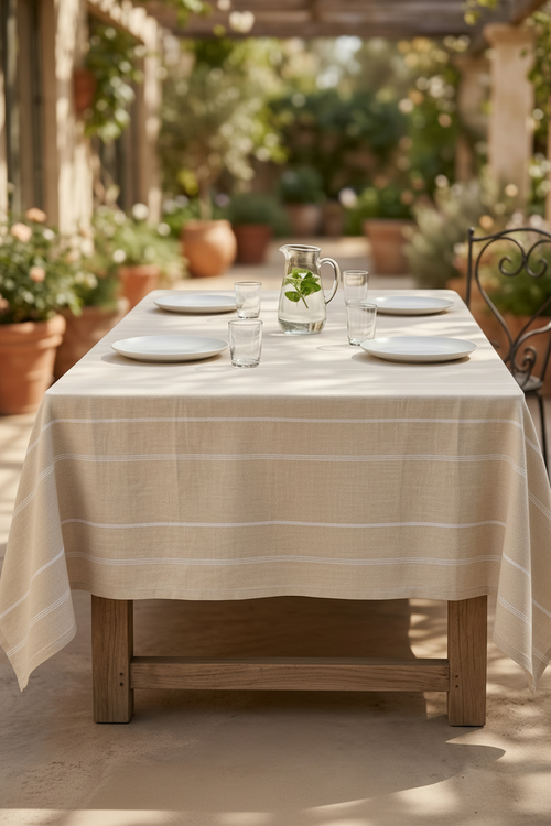 Beige Pinstripe Tablecloth - Premium Home Decor by Moraari