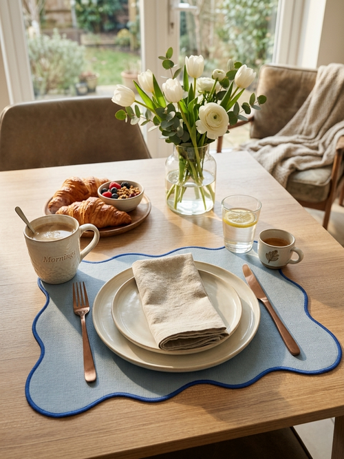 Dining table set with a plate, mug, and flowers in a vase.
