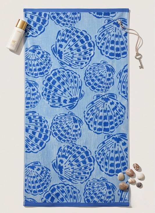 Cerulean_Seashell_Beach_Towel_top view