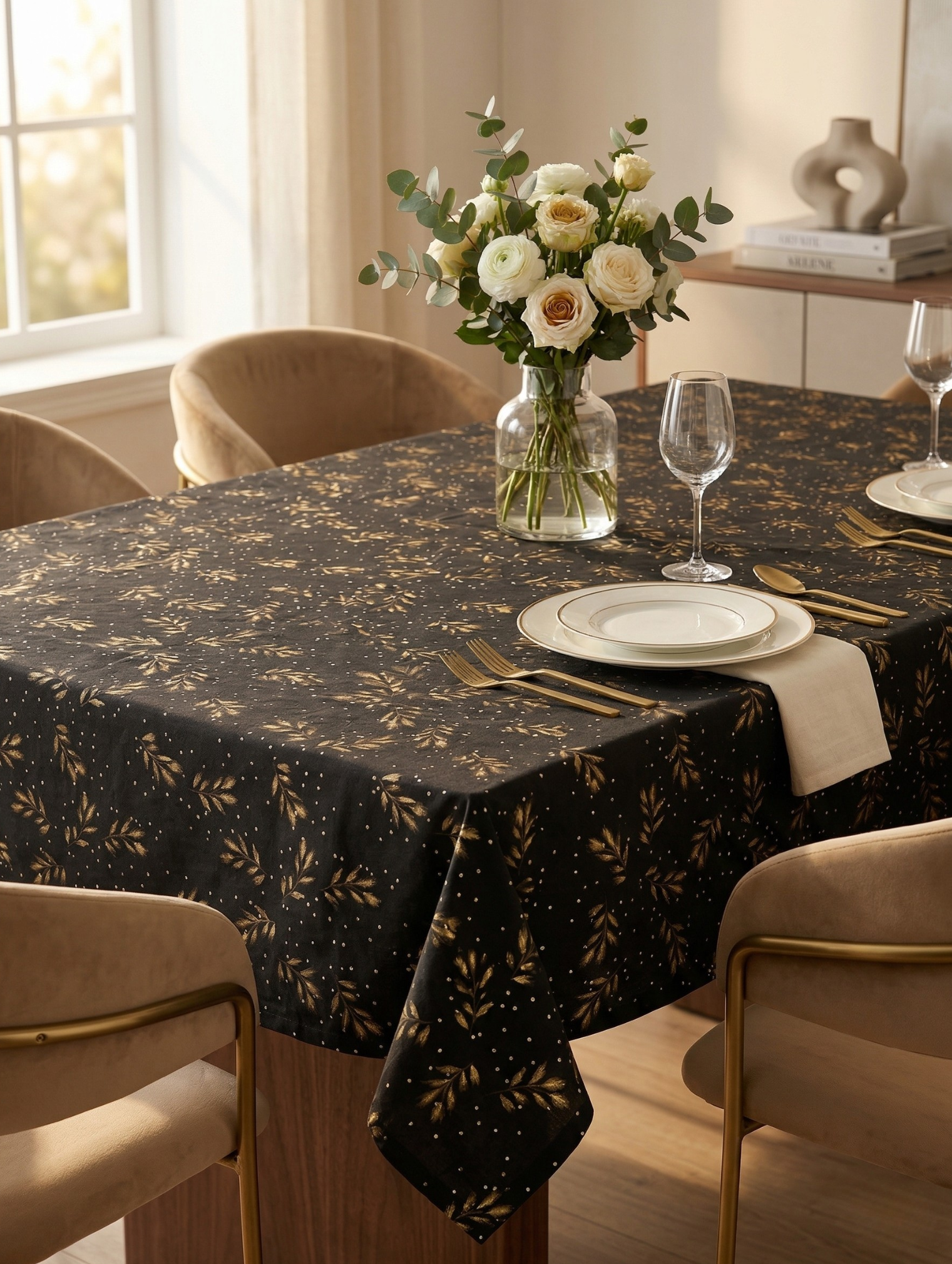 Coffee Gold Leaf Tablecloth - 6 Seater