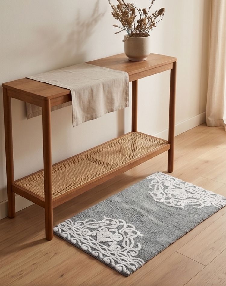 Wooden console table with a woven shelf, beige towel, and potted plant in a room with a decorative rug.