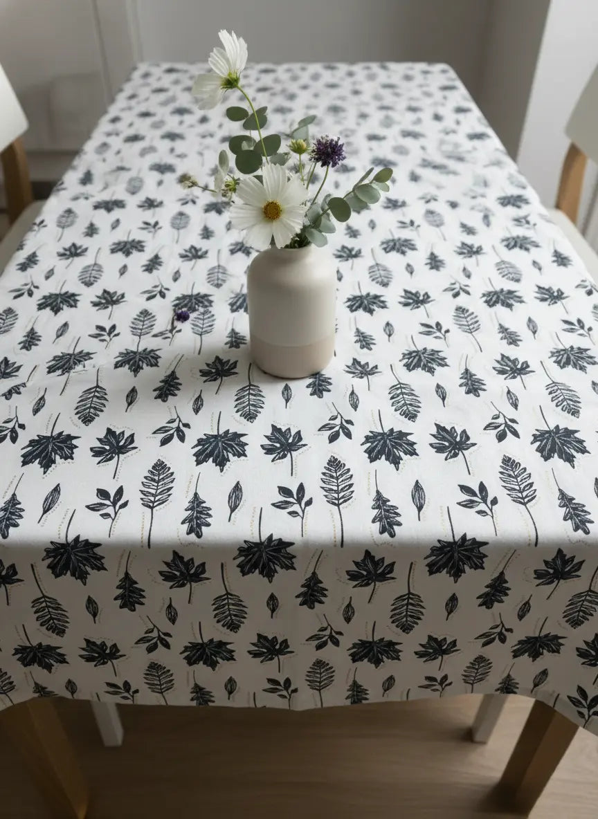 A white tablecloth with a black leaf and botanical pattern, styled on a wooden dining table with a small white ceramic vase holding white and purple flowers.