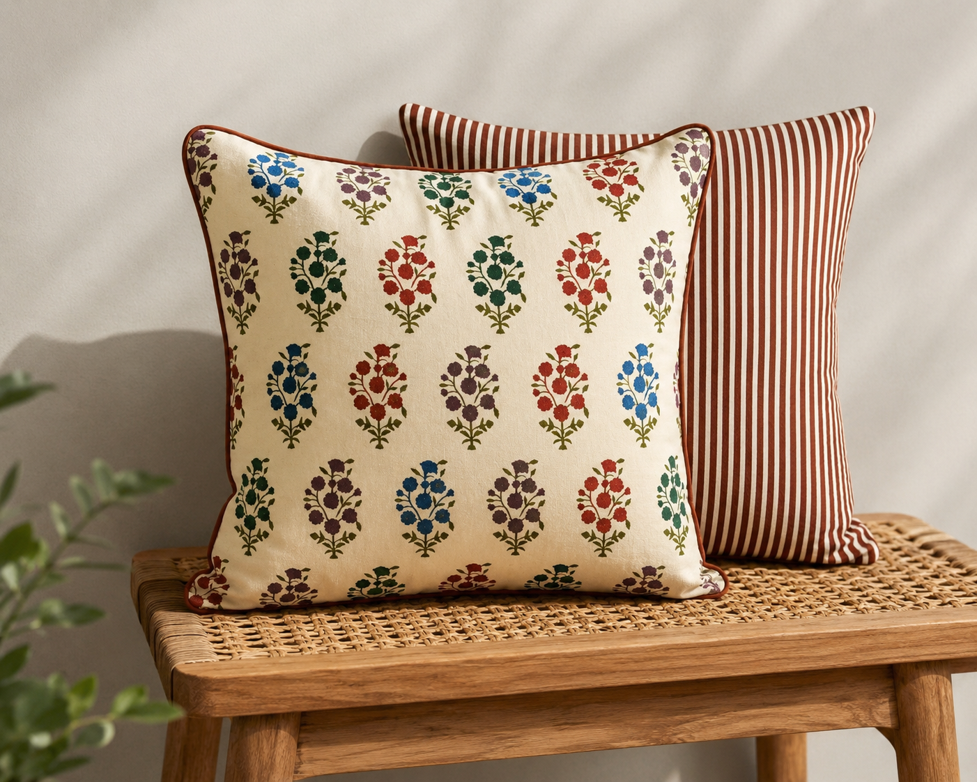Two decorative throw pillows displayed on a wooden bench against a neutral wall. The front pillow has a cream background with a repeating multicolor floral block-print pattern in red, blue, green, and brown, finished with a dark brown border.