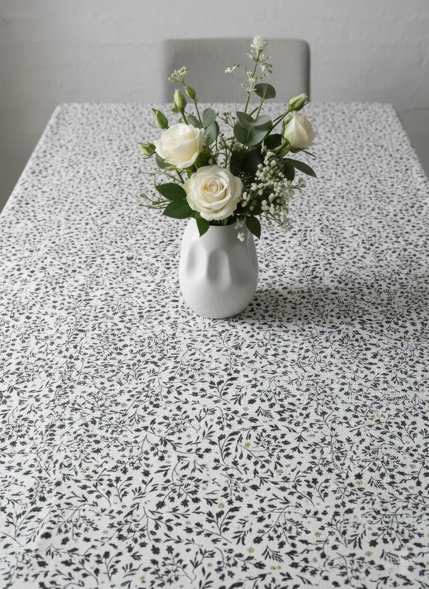 A white tablecloth with a dense black floral and leaf pattern, styled with a white ceramic vase holding white roses and green foliage in the center, with a gray chair visible in the background.