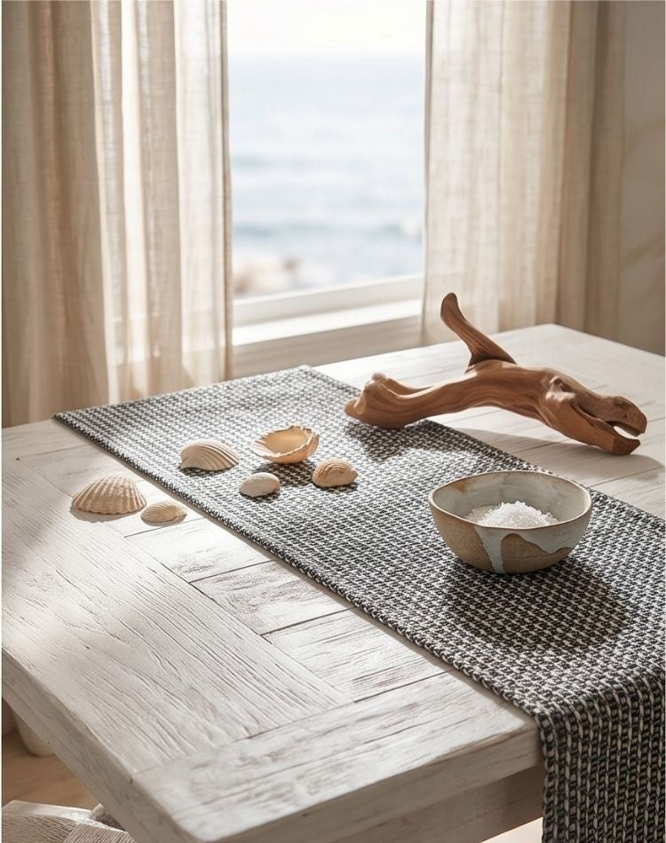 Monochrome Tassel Table Runner side view- Premium Home Decor by Moraari