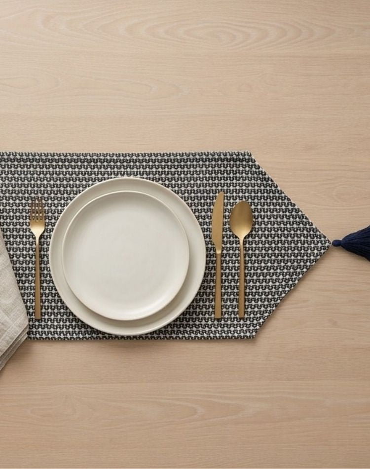 Monochrome Tassel Table Runner top view- Premium Home Decor by Moraari