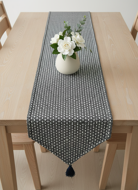 Monochrome Tassel Table Runner front view- Premium Home Decor by Moraari