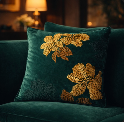 Emerald Gilded-Leaf Cushion Cover - Premium Home Decor by Moraari