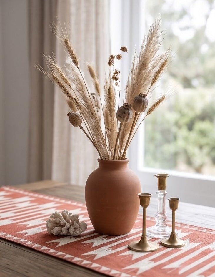 Terracotta vase with dried plants on a table with a red and white patterned tablecloth.