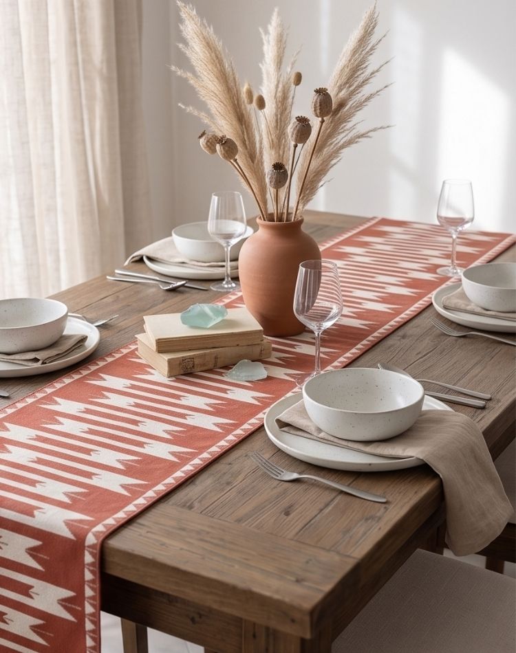 Terracotta Tribal Tassel Runner side view