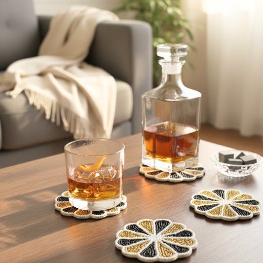 Zari-Pushpa Beaded Coasters - Set of 4 - Premium Home Decor by Moraari