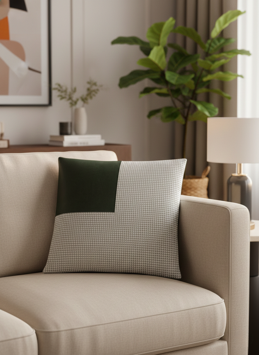 Olive Suede & Houndstooth Cushion Cover - Premium Home Decor by Moraari