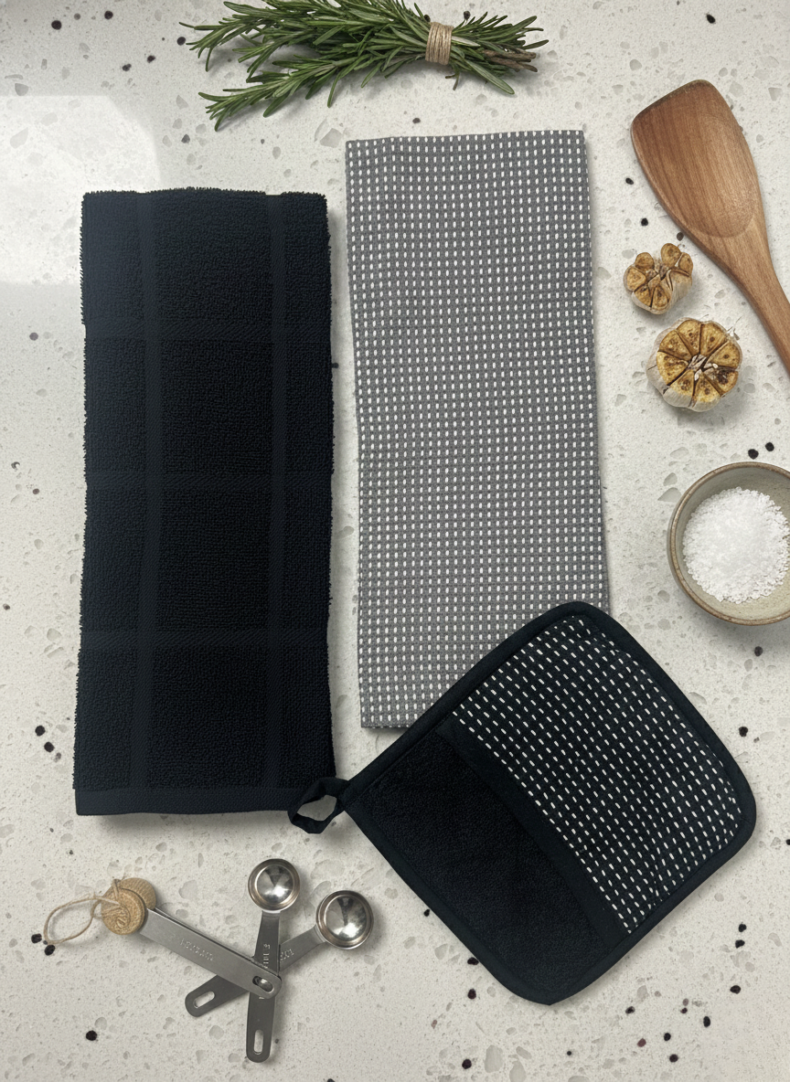 Charcoal Kantha Kitchen Trio