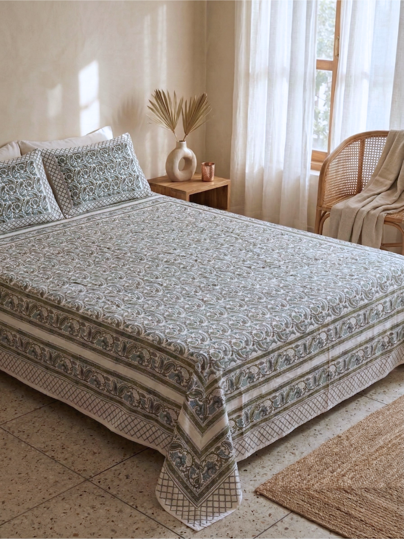 Olive Paisley Cotton Percale Bedsheet - Premium Home Decor by Moraari