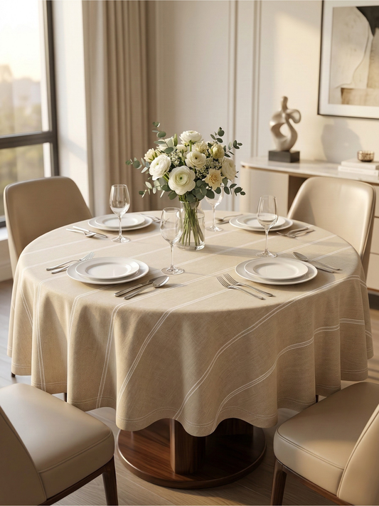 Beige Pinstripe Round Table Cover - Premium Home Decor by Moraari