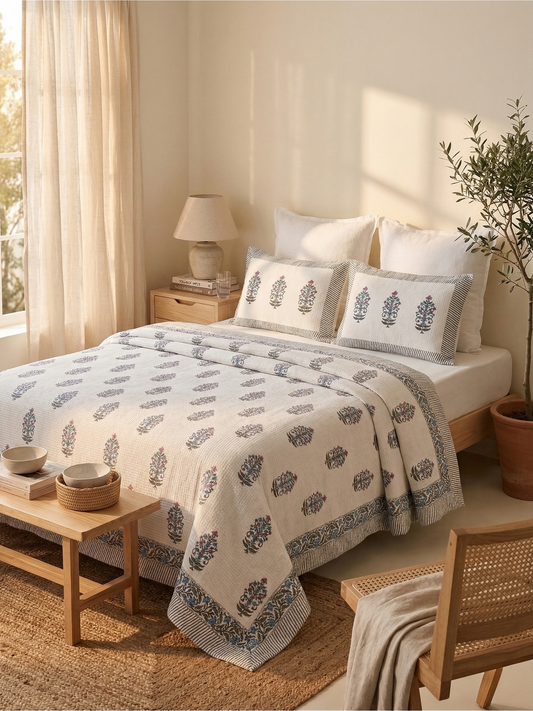 Blush & Blue Cotton Waffle Bedcover - Premium Home Decor by Moraari
